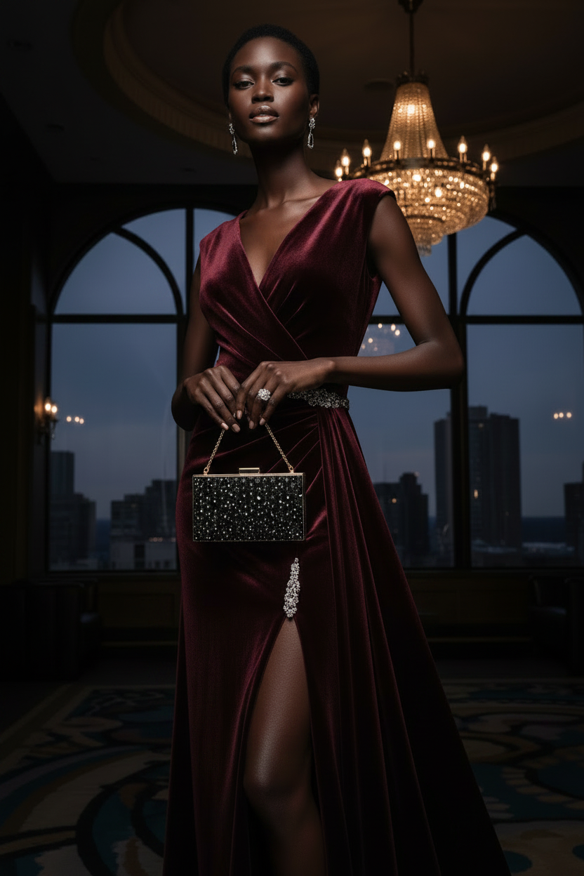 Black model in burgundy dress with evening handbag