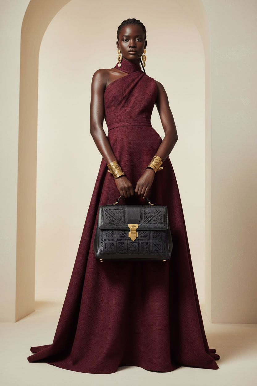 Black model in burgundy dress with satchel